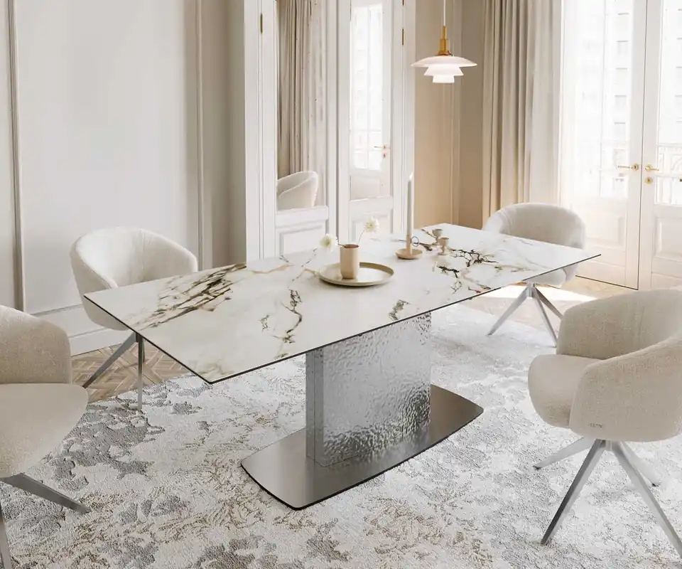 Aktuell Esstisch Edge 180-220x100 Keramik Calacatta Luxe Weiß-Gold-Grau Wave Edelstahl ausziehbar