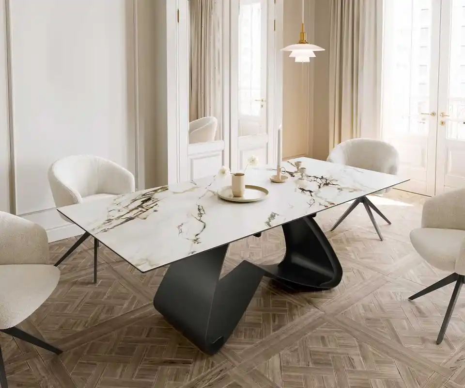 Esstisch Edge 180-220x100 Keramik Calacatta Luxe Weiß-Gold-Grau W-Gestell Schwarz ausziehbar Aktuell