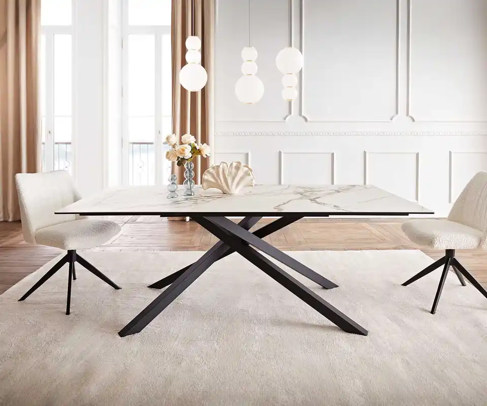 Esstisch Edge 200x100 Keramik Calacatta Luxe Weiß-Gold-Grau Kreuzgestell Rechteck Schwarz Saisonangebot