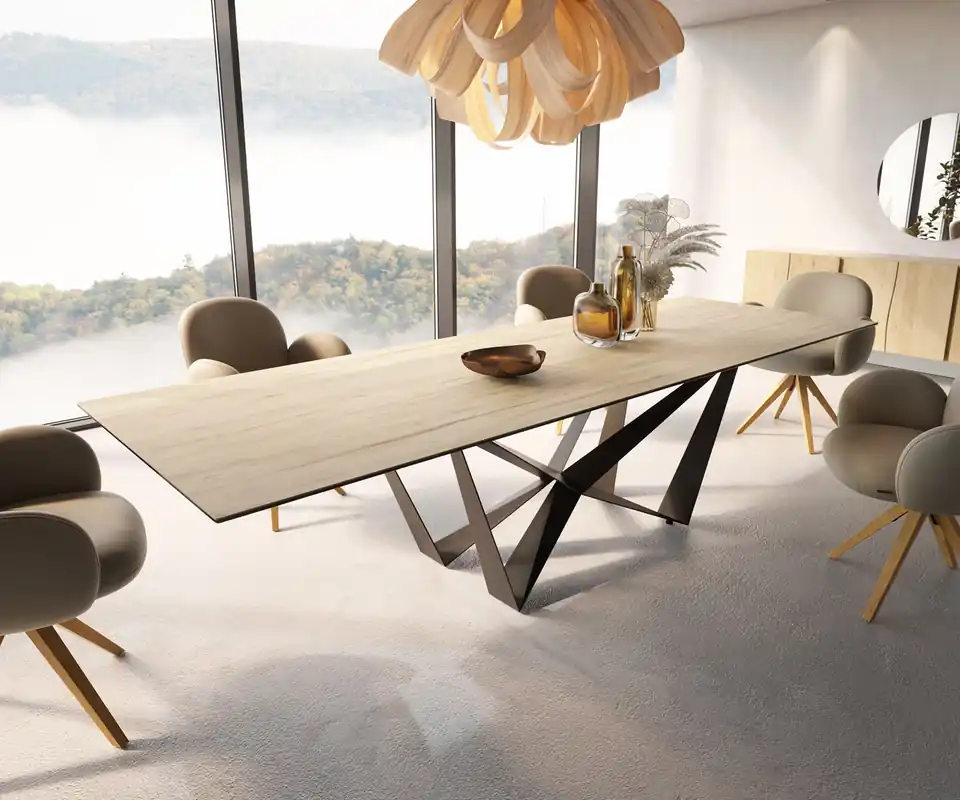 Esstisch Edge 300x100 Keramik Laminam® Sabbia Eichefarbig Spider Flachstahl Schwarz Preis Gesenkt