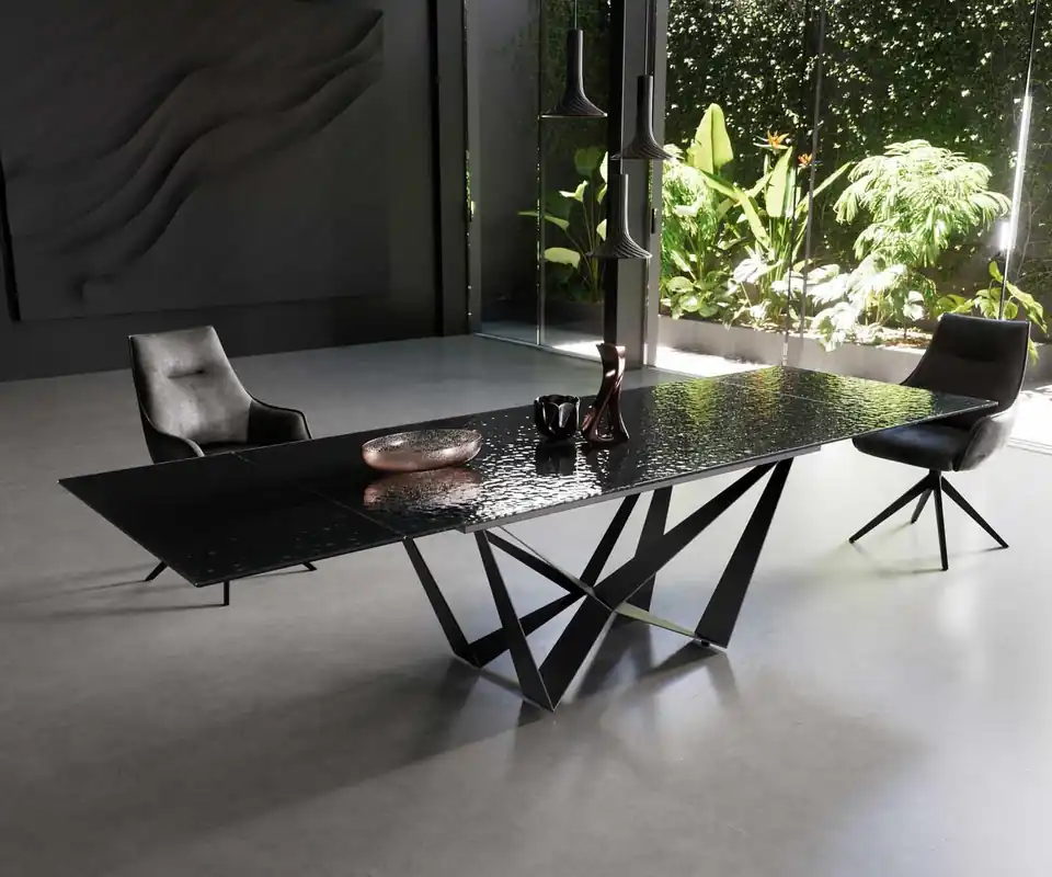 Ausverkauf Esstisch Edge 200-300x100 Reliefglas Rauchschwarz 3D-Design Spider Flachstahl Schwarz ausziehbar
