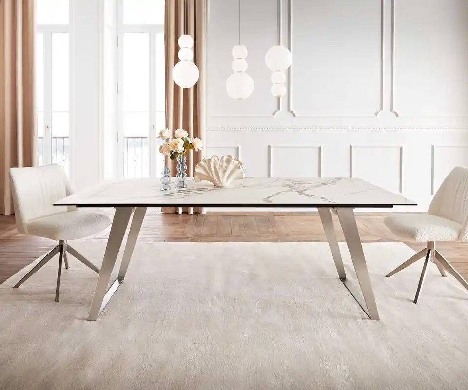 Ausverkauf Esstisch Edge 200x100 Keramik Calacatta Luxe Weiß-Gold-Grau Edelstahl Schräg