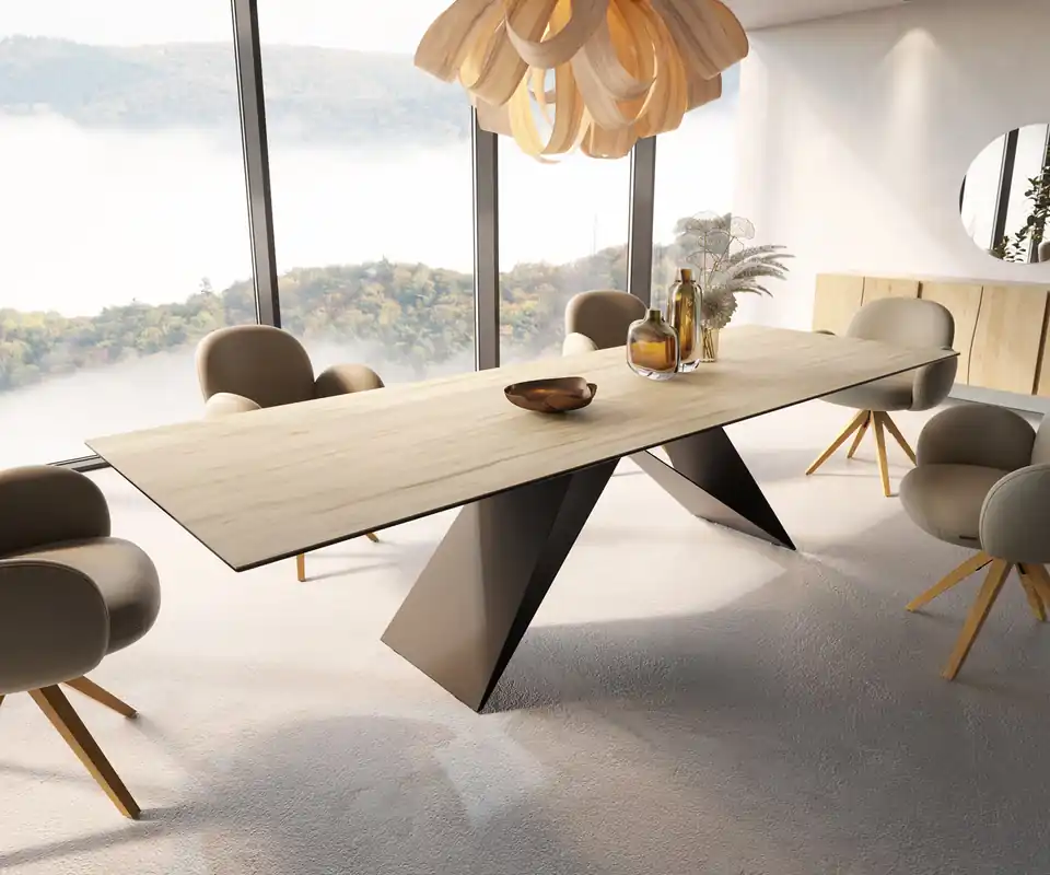 Top-Preis Esstisch Edge 300x100 Keramik Laminam® Sabbia Eichefarbig V-Gestell Flachstahl Schwarz