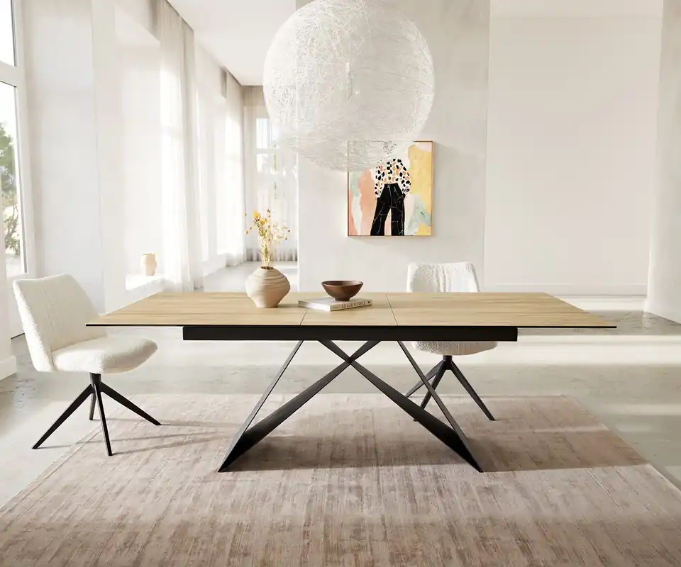 Finale Aktion Esstisch Edge 180-220x100 Keramik Laminam® Sabbia Eichefarbig V-Gestell Flachstahl Schwarz ausziehbar