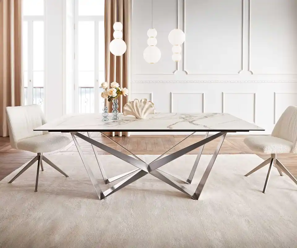 Rabatt Esstisch Edge 200x100 Keramik Calacatta Luxe Weiß-Gold-Grau Spider Flachstahl Edelstahl