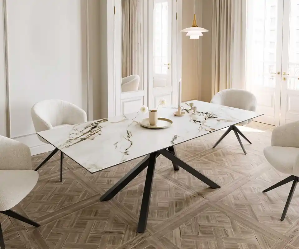 Saisonangebot Esstisch Edge 180-220x100 Keramik Calacatta Luxe Weiß-Gold-Grau Kreuzgestell Rechteck Schwarz ausziehbar
