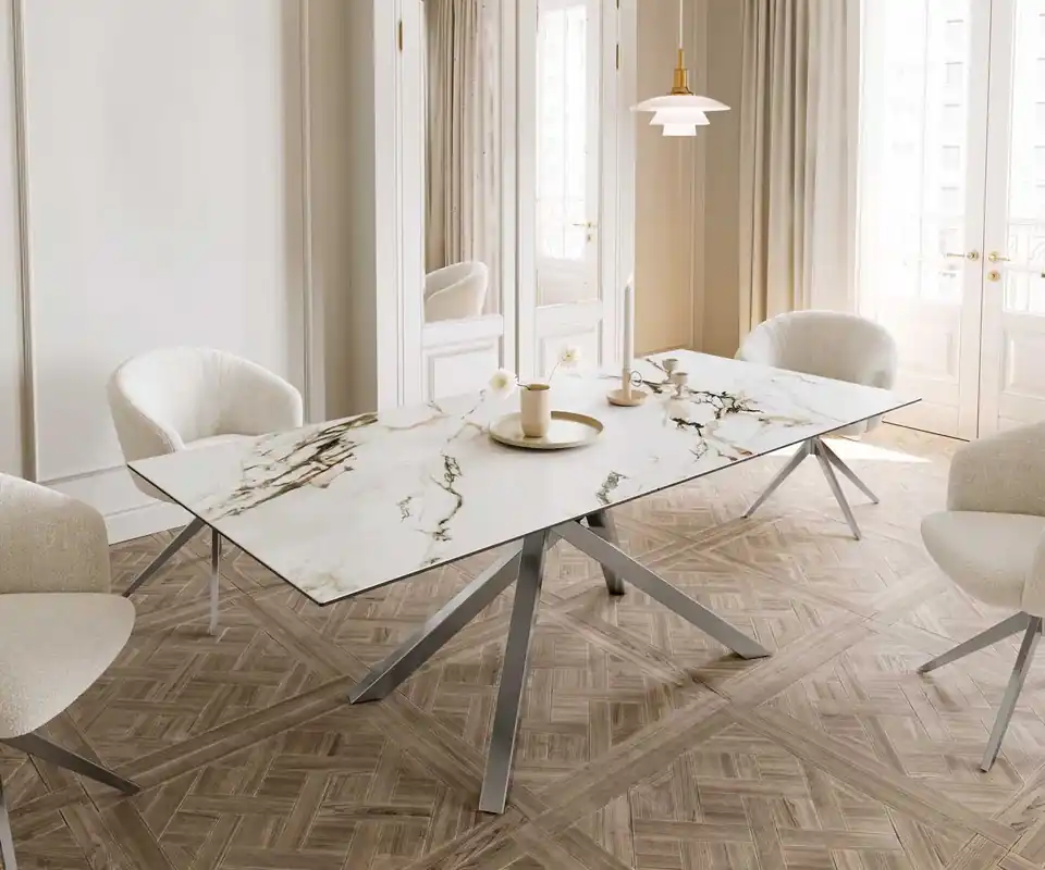 Heißes Angebot Esstisch Edge 180-220x100 Keramik Calacatta Luxe Weiß-Gold-Grau Kreuzgestell Rechteck Edelstahl ausziehbar