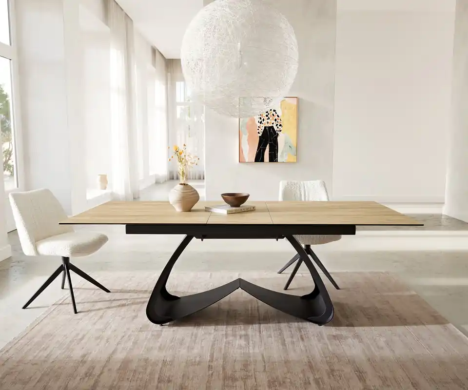 Esstisch Edge 180-220x100 Keramik Laminam® Sabbia Eichefarbig W-Gestell Schwarz ausziehbar Nur Heute