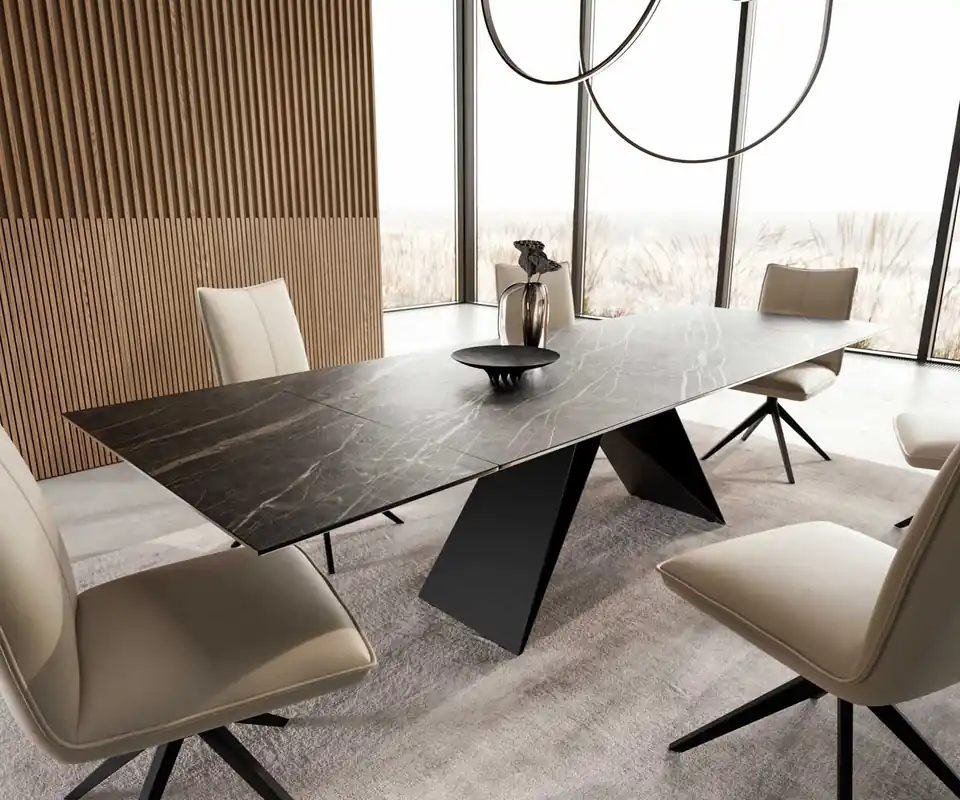 Top-Seller Esstisch Edge 200-300x100 Keramik Laminam®Noir Desir Braun V-Gestell Flachstahl Schwarz ausziehbar