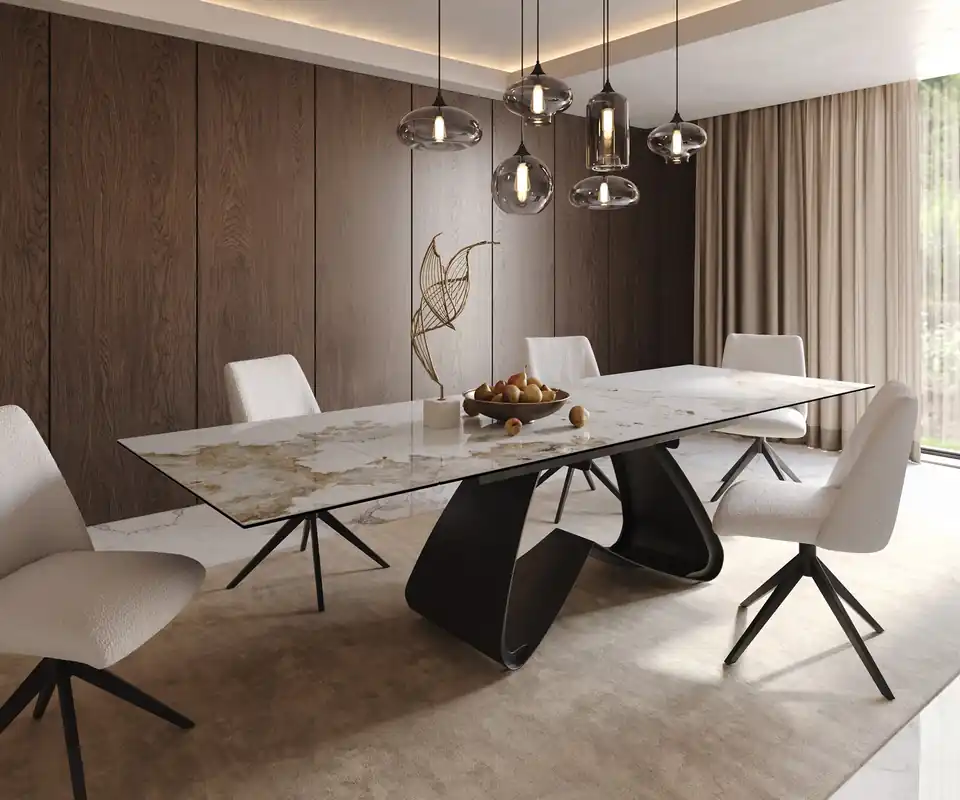 Preisreduziert Esstisch Edge 200-300x100 Keramik Minas Melange Weiß-Beige W-Gestell Schwarz ausziehbar