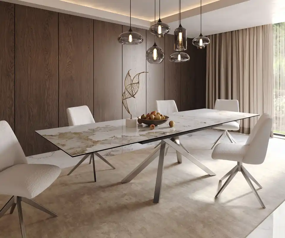 Esstisch Edge 200-300x100 Keramik Minas Melange Weiß-Beige Kreuzgestell Rechteck Edelstahl ausziehbar Finale Aktion