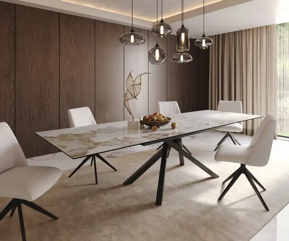 Esstisch Edge 200-300x100 Keramik Minas Melange Weiß-Beige Kreuzgestell Rechteck Schwarz ausziehbar Direkt Vom Hersteller