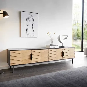 Highlight Lowboard Muvi 200 cm Eiche Natur Mango Schwarz Metall Schwarz 4 Türen