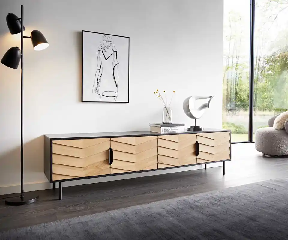 Highlight Lowboard Muvi 200 cm Eiche Natur Mango Schwarz Metall Schwarz 4 Türen