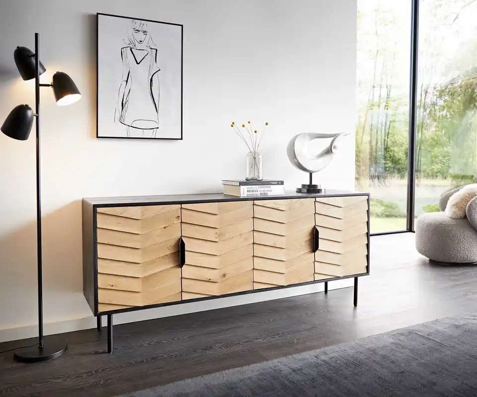 Top-Seller Sideboard Muvi 175 cm Eiche Natur Mango Schwarz Metall Schwarz 4 Türen