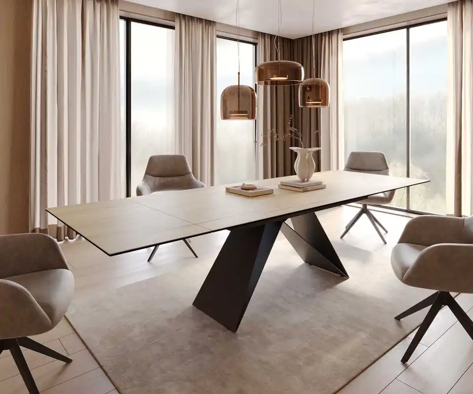 Sichere Zahlung Esstisch Edge 200-300x100 Keramik Laminam® Sabbia Eichefarbig V-Gestell Flachstahl Schwarz ausziehbar