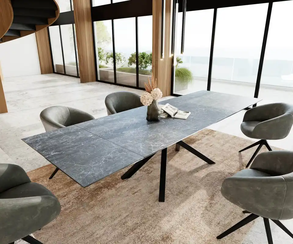 Esstisch Edge 200-300x100 Keramik Laminam®Nero Greco Anthrazit Kreuzgestell Rechteck Schwarz ausziehbar Ausverkauf