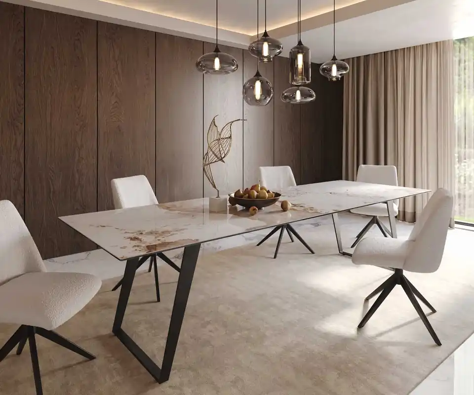 Esstisch Edge 300x100 Keramik Minas Melange Weiß-Beige Metall Schräg Schwarz Neuheit