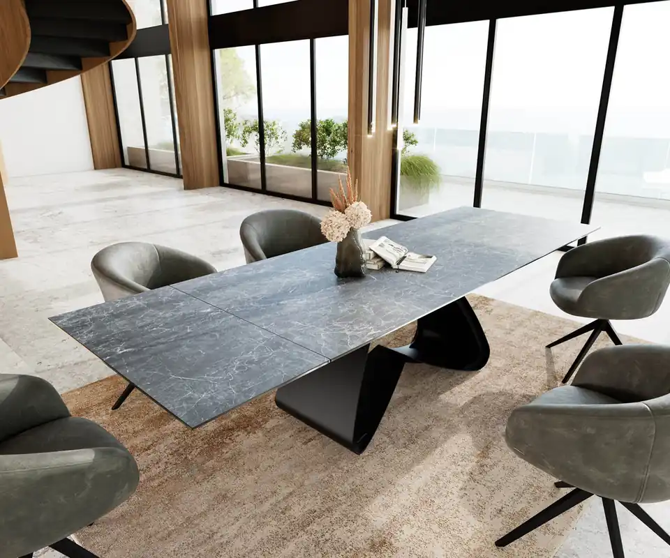 Esstisch Edge 200-300x100 Keramik Laminam®Nero Greco Anthrazit W-Gestell Schwarz ausziehbar Bestpreis