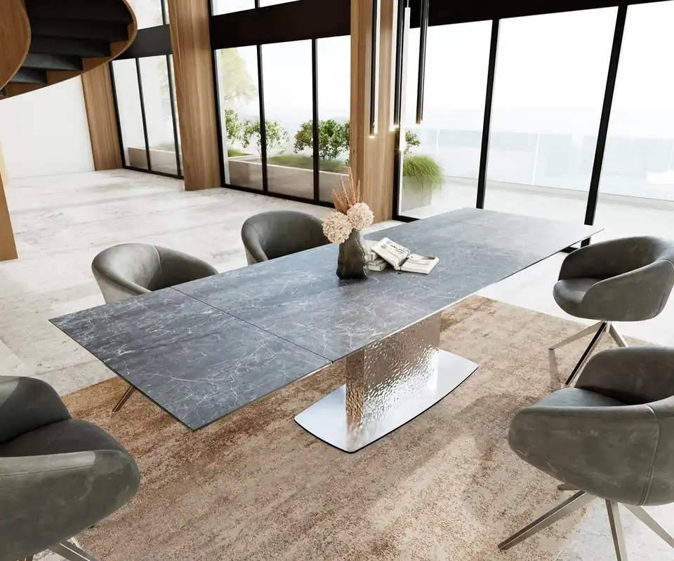 Esstisch Edge 200-300x100 Keramik Laminam®Nero Greco Anthrazit Wave Edelstahl ausziehbar Heißes Angebot