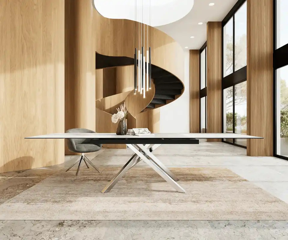 Echt Esstisch Edge 200-300x100 Keramik Laminam®Statuarietto Weiß Kreuzgestell Rechteck Edelstahl ausziehbar