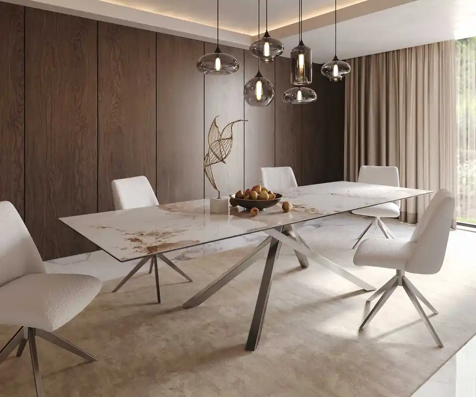 Esstisch Edge 300x100 Keramik Minas Melange Weiß-Beige Kreuzgestell Rechteck Edelstahl Jetzt Kaufen
