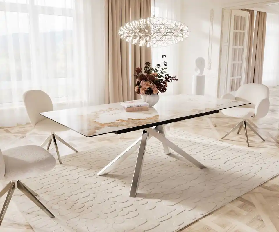 Esstisch Edge 180-220x100 Keramik Minas Melange Weiß-Beige Kreuzgestell Rechteck Edelstahl ausziehbar Must-Have