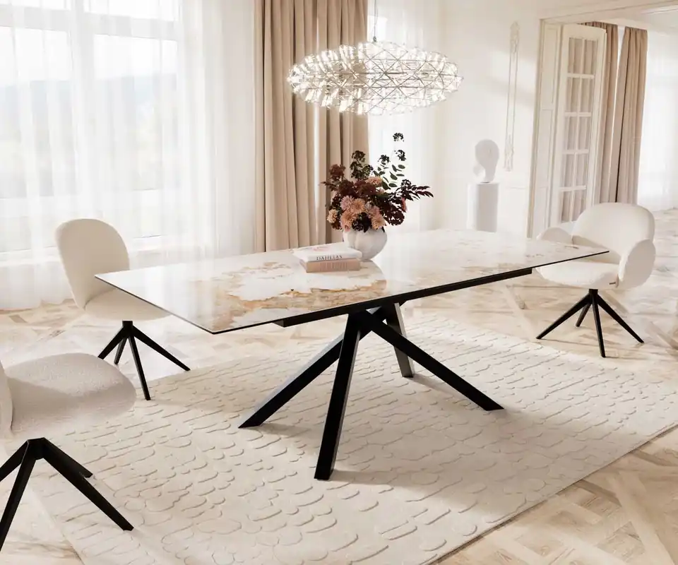 Esstisch Edge 180-220x100 Keramik Minas Melange Weiß-Beige Kreuzgestell Rechteck Schwarz ausziehbar Günstig