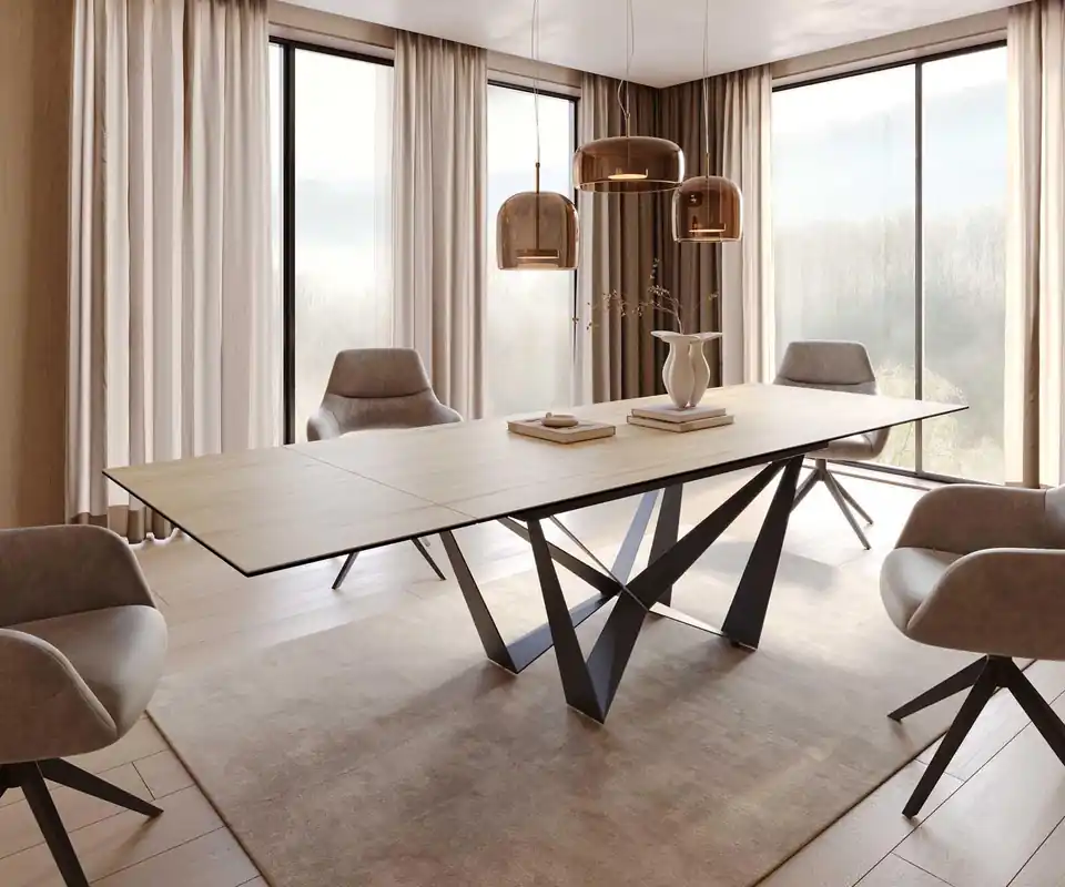 Top-Seller Esstisch Edge 200-300x100 Keramik Laminam® Sabbia Eichefarbig Spider Flachstahl Schwarz ausziehbar