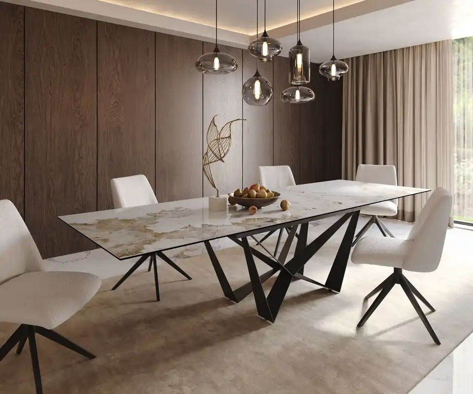 Esstisch Edge 200-300x100 Keramik Minas Melange Weiß-Beige Spider Flachstahl Schwarz ausziehbar Markenware