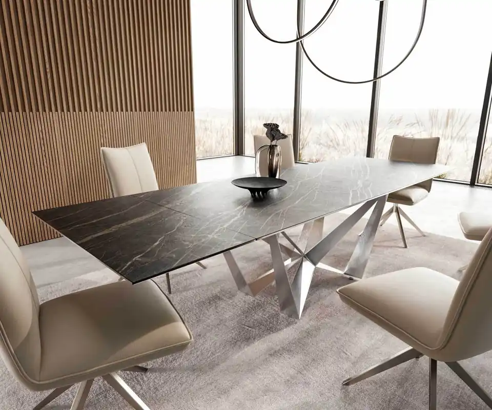 Saisonangebot Esstisch Edge 200-300x100 Keramik Laminam®Noir Desir Braun Spider Flachstahl Edelstahl ausziehbar