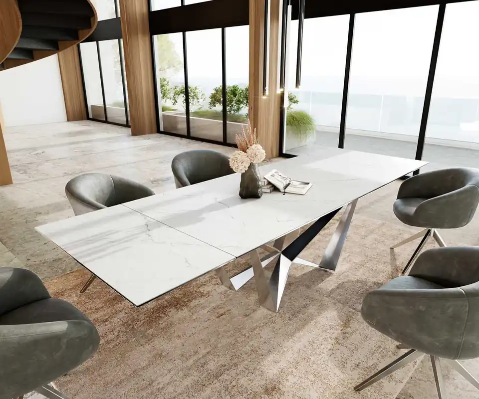 Esstisch Edge 200-300x100 Keramik Laminam®Statuarietto Weiß Spider Flachstahl Edelstahl ausziehbar Nur Heute