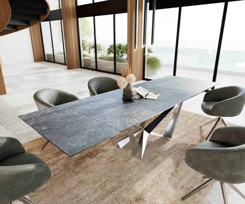 Esstisch Edge 200-300x100 Keramik Laminam®Nero Greco Anthrazit Spider Flachstahl Edelstahl ausziehbar Highlight