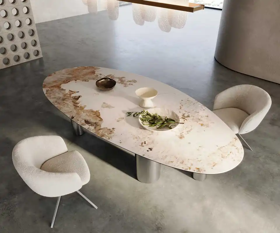 Esstisch Edge Oval 280x130 Keramik Minas Melange Weiß-Beige Pilier Edelstahl Jetzt Kaufen