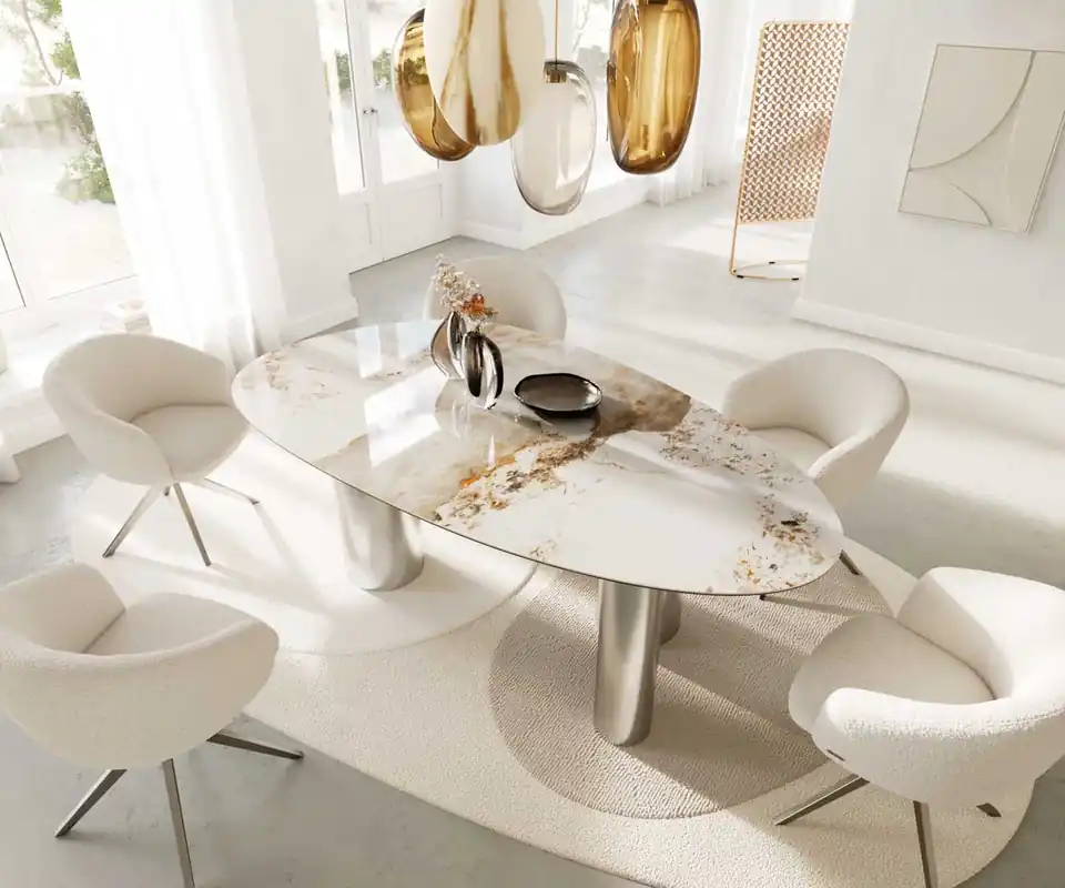 Esstisch Edge Oval 220x120 Keramik Minas Melange Weiß-Beige Pilier Edelstahl Aktuell