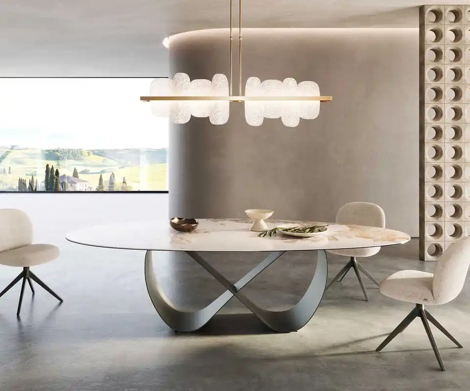 Top-Preis Esstisch Edge Oval 280x130 Keramik Minas Melange Weiß-Beige Infinity Metall Effektfinish Titan