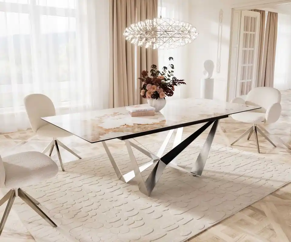 Esstisch Edge 180-220x100 Keramik Minas Melange Weiß-Beige Spider Flachstahl Edelstahl ausziehbar Neu Im Sortiment