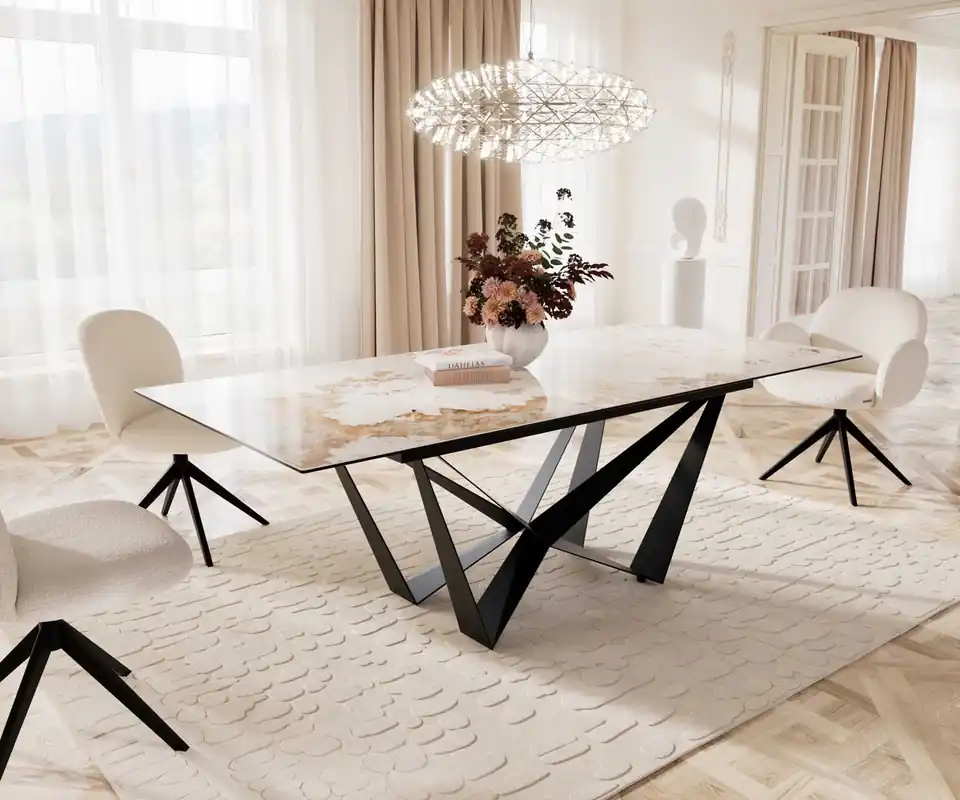 Esstisch Edge 180-220x100 Keramik Minas Melange Weiß-Beige Spider Flachstahl Schwarz ausziehbar Markenware