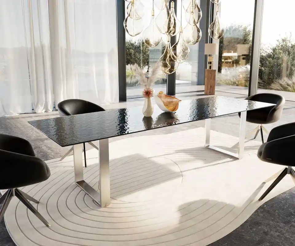 Günstig Esstisch Edge 300x100 Reliefglas Rauchschwarz 3D-Design Edelstahl Schmal