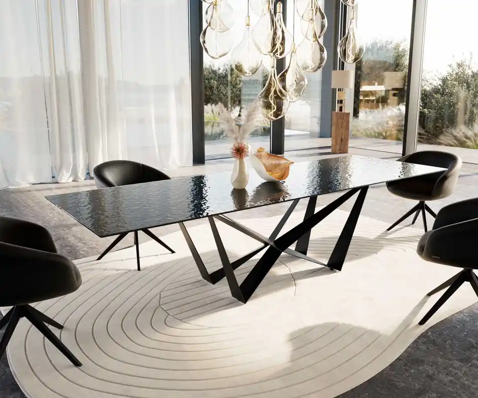 Neue Kollektion Esstisch Edge 300x100 Reliefglas Rauchschwarz 3D-Design Spider Flachstahl Schwarz
