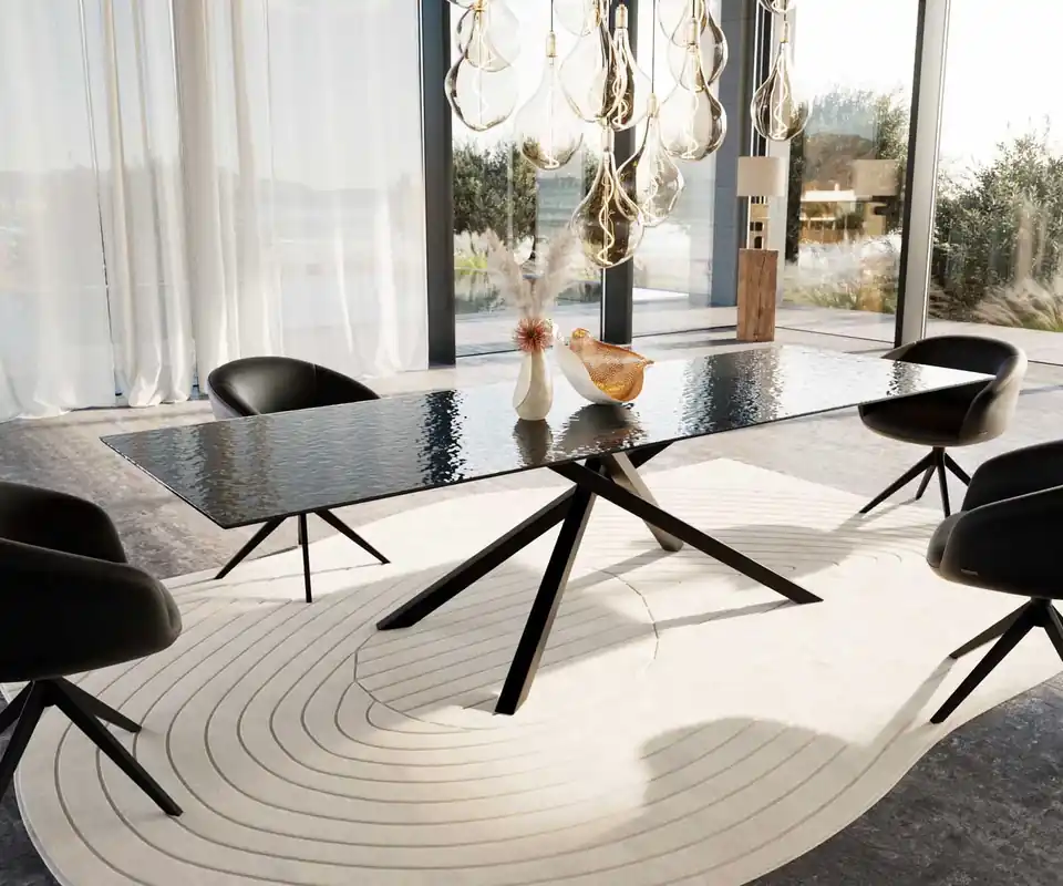 Echt Esstisch Edge 300x100 Reliefglas Rauchschwarz 3D-Design Kreuzgestell Rechteck Schwarz