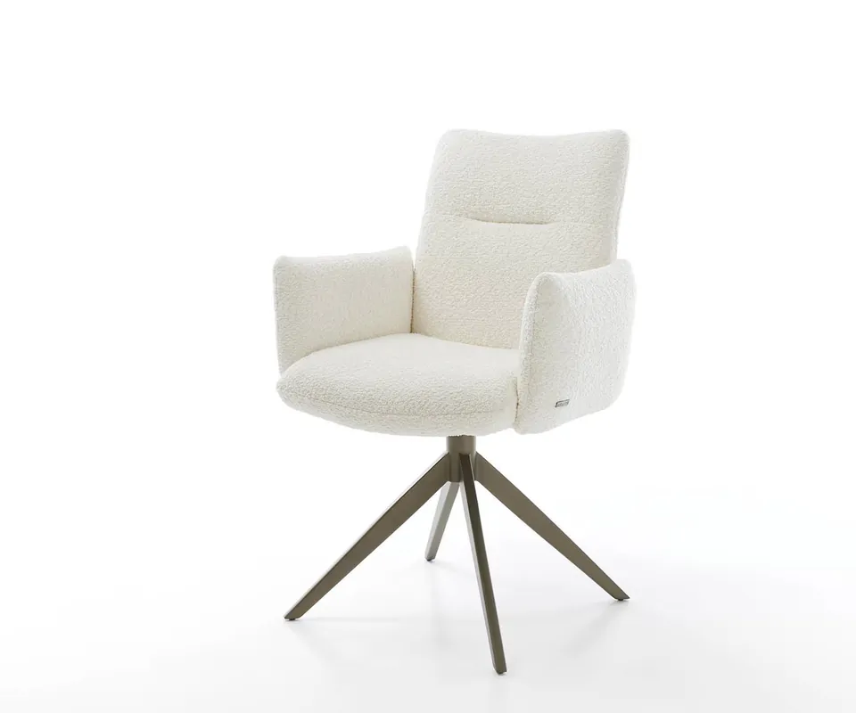 Sichere Zahlung Drehstuhl Jova-Flex mit Armlehnen Bouclé Weiß Kreuzgestell breit Effektfinish Titan 360° drehbar Taschenfederkern