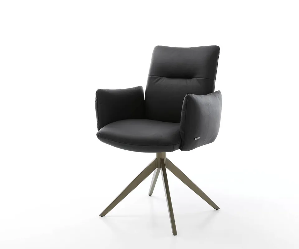 Drehstuhl Jova-Flex mit Armlehnen Echt-Leder Schwarz Kreuzgestell breit Effektfinish Titan 360° drehbar Taschenfederkern Neue Kollektion