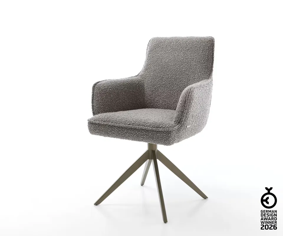 Drehstuhl Heira-Flex mit Armlehnen Bouclé Silbergrau Kreuzgestell breit Effektfinish Titan 360° drehbar Taschenfederkern Direktkauf