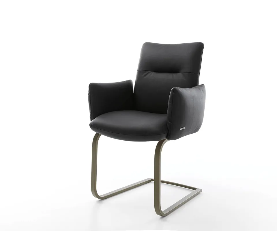 Freischwinger Jova-Flex mit Armlehnen Echt-Leder Schwarz Freischwinger flach Effektfinish Titan Taschenfederkern Zertifiziert