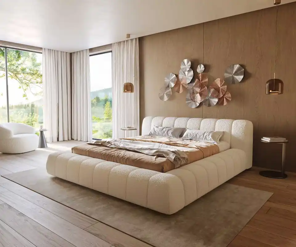 Sonderangebot Polsterbettgestell Cutio 180x200 cm Bouclé Creme-Weiß