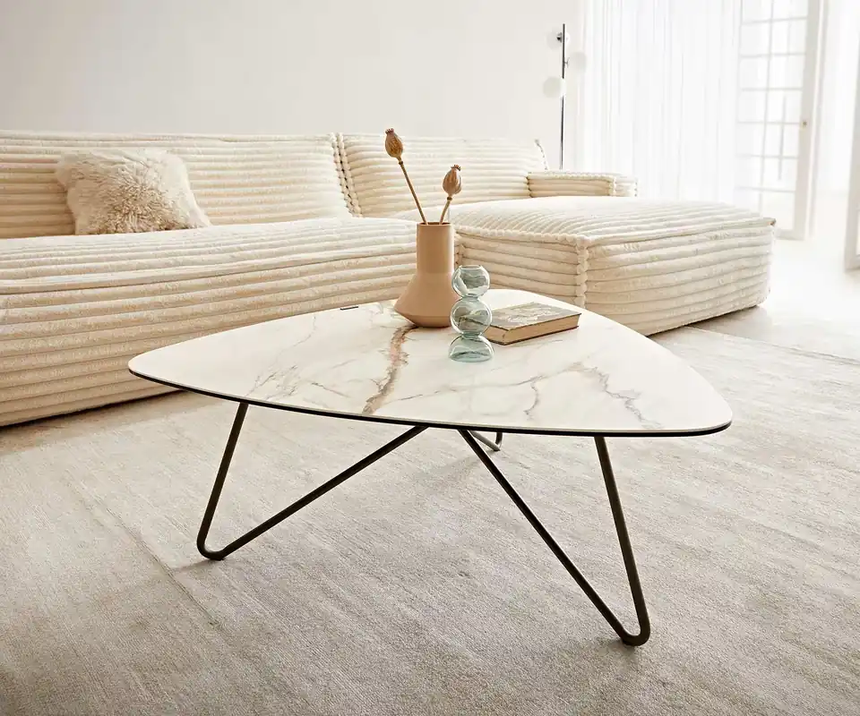 Sichere Zahlung Couchtisch Ekrem 88x85 cm Keramik Calacatta Luxe Weiß-Gold-Grau Hairpin rund Metall Effektfinish Titan
