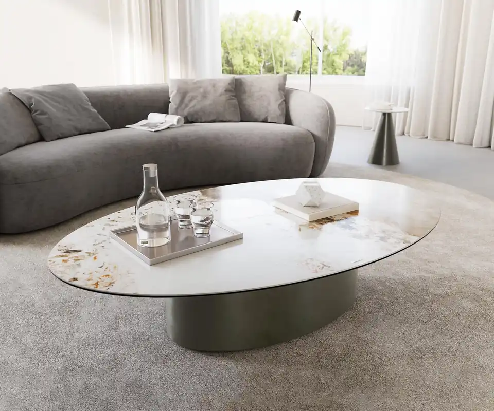 Direkt Vom Hersteller Couchtisch Casilda 150x90 cm Keramik Minas Melange Weiß-Beige Mittelfuß Effektfinish Titan