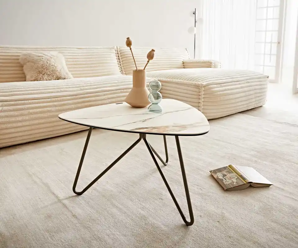Heißes Angebot Couchtisch Ekrem 65x65 cm Keramik Calacatta Luxe Weiß-Gold-Grau Hairpin rund Metall Effektfinish Titan