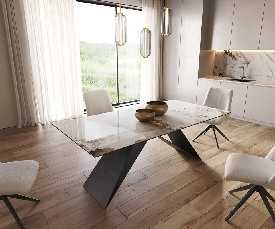 Esstisch Edge 200x100 Keramik Minas Melange Weiß-Beige V-Gestell Flachstahl Schwarz Wochenendangebot